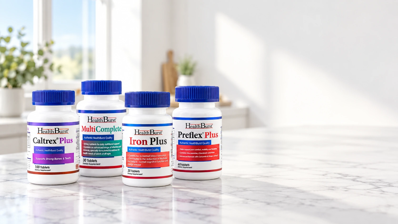 HealthBurst products in a bright everyday setting